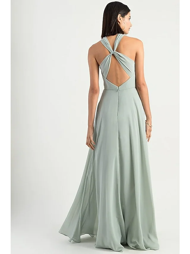 A-line Halter Scoop-Neck Floor-Length Chiffon Bridesmaid Dresses