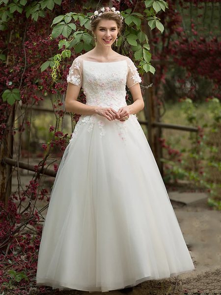 Back Bateau Neck Tulle A-Line Wedding Dress