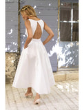 A Line Semi Formal Party Dress Wedding Guest Dress White Long Maxi Dress Sleeveless Pure Color Backless Spring Summer Deep V Slim