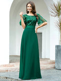A-Line Prom Dresses Empire Dress Evening Party Floor Length Short Sleeve Jewel Neck Chiffon V Back with Sequin