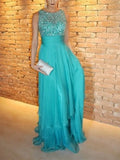 A-Line Evening Gown Tiered Prom Dress Formal Sweep / Brush Train Sleeveless Jewel Neck Chiffon with Rhinestone
