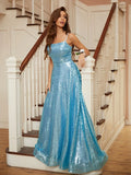 A-Lin Princess Sequins Ruffles Spaghetti Straps Sleeveless Prom Dresses