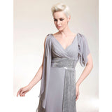 Sheath / Column Celebrity Style Dress Formal Evening Floor Length Short Sleeve V Neck Chiffon with Criss Cross Beading