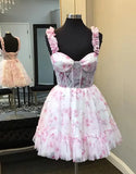 A-Line Floral Prints Ruffled Straps Corset Homecoming Dress