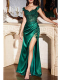 Mermaid Evening Gown Sexy Dress Floor Length Sleeveless V Neck Charmeuse with Slit Appliques