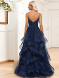 A-Line Evening Gown Tiered Dress Formal Sweep / Brush Train Sleeveless Spaghetti Strap Organza with Ruched Ruffles Slit