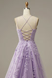 A-Line Prom Dresses Floral Dress Formal Chapel Train Sleeveless Spaghetti Strap Tulle with Appliques