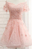 A-line Tulle Off Shoulder Floral Homecoming Dresses with Appliques