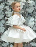 Kids Girls' Dress Solid Colored Short Sleeve Party Ruched Mesh Puff Sleeve Cute Sweet Polyester Above Knee A Line Dress Tulle Dress Summer Spring 3-12 Years Mint color White