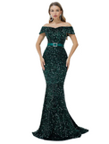 Mermaid / Trumpet Sparkle bodycon Engagement Formal Evening Dress Off Shoulder Cowl Back Sleeveless Court Train Sequined with Sequin