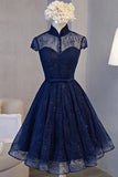 A-line High Neck Lace Short Sleeve Knee-length Homecoming Dresses