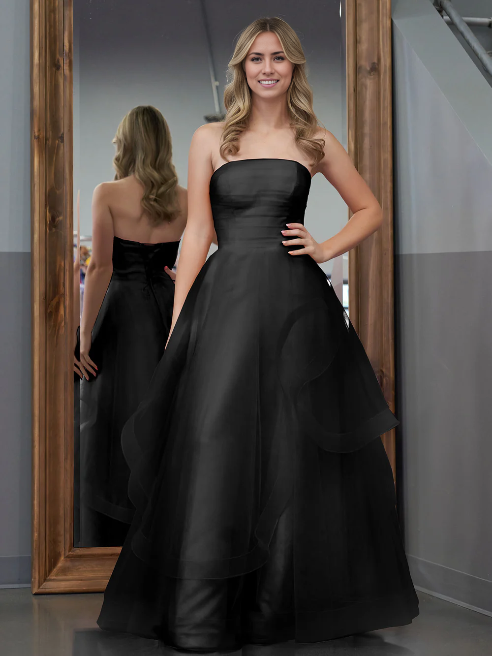 A Line Strapless Sleeveless Organza Prom Dresses with Appliques LBQ0496