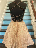 A-line Backless Lace Short Prom Dresses Formal Homecoming Dresses