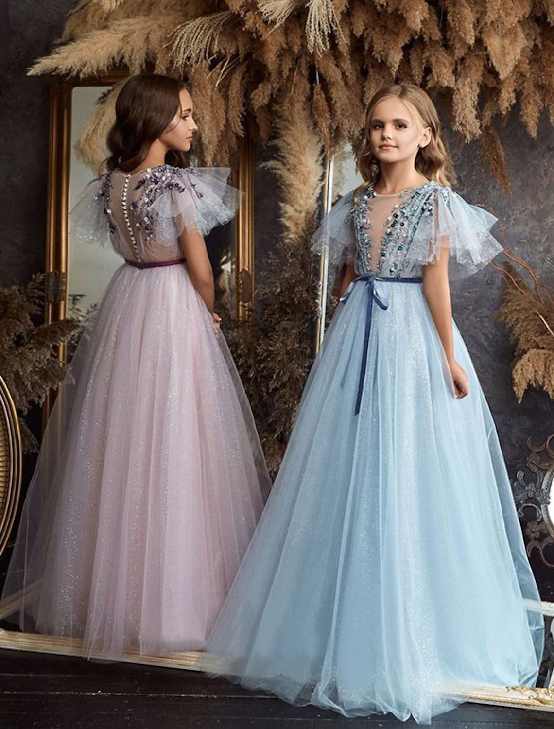 A-Line Floor Length Flower Girl Dress Halloween Cute Prom Dress Chiffon with Appliques Fit 3-16 Years