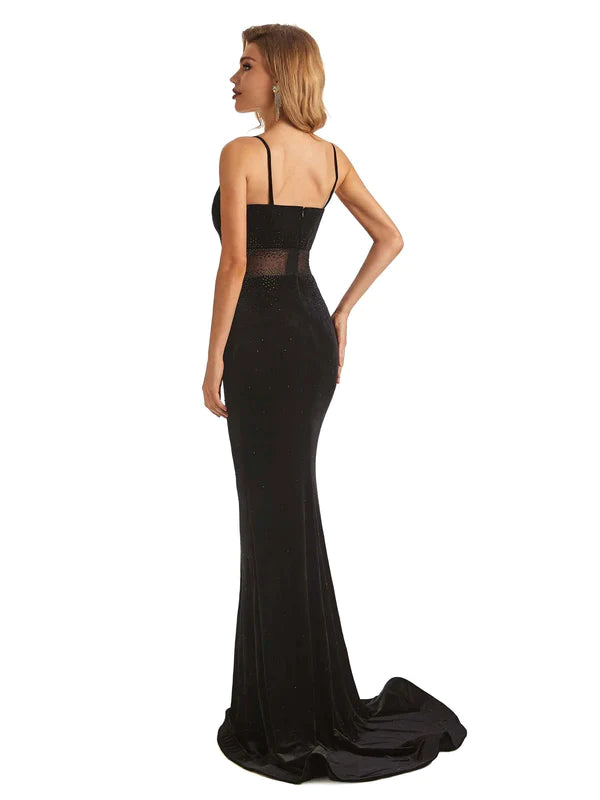 Sexy Black Velvet Mermaid Beading Spaghetti Strap Floor-Length Long Prom Dresses