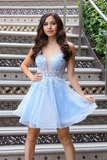 A-line Cute V Neck Light Blue Lace Floral Short Prom Homecoming Dresses