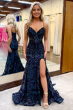 Mermaid Cute V Neck Dark Navy Sequins Prom Dress with Slit