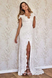 Mermaid Cap Sleeve Satin Lace Split Wedding Dress