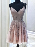 A Line V Neck Cute Tulle Lace Short Prom Dresses Homecoming Dresses