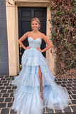 A-Line Cute Strapless Blue Ruffle Tiered Tulle Long evening gowns Prom Dress