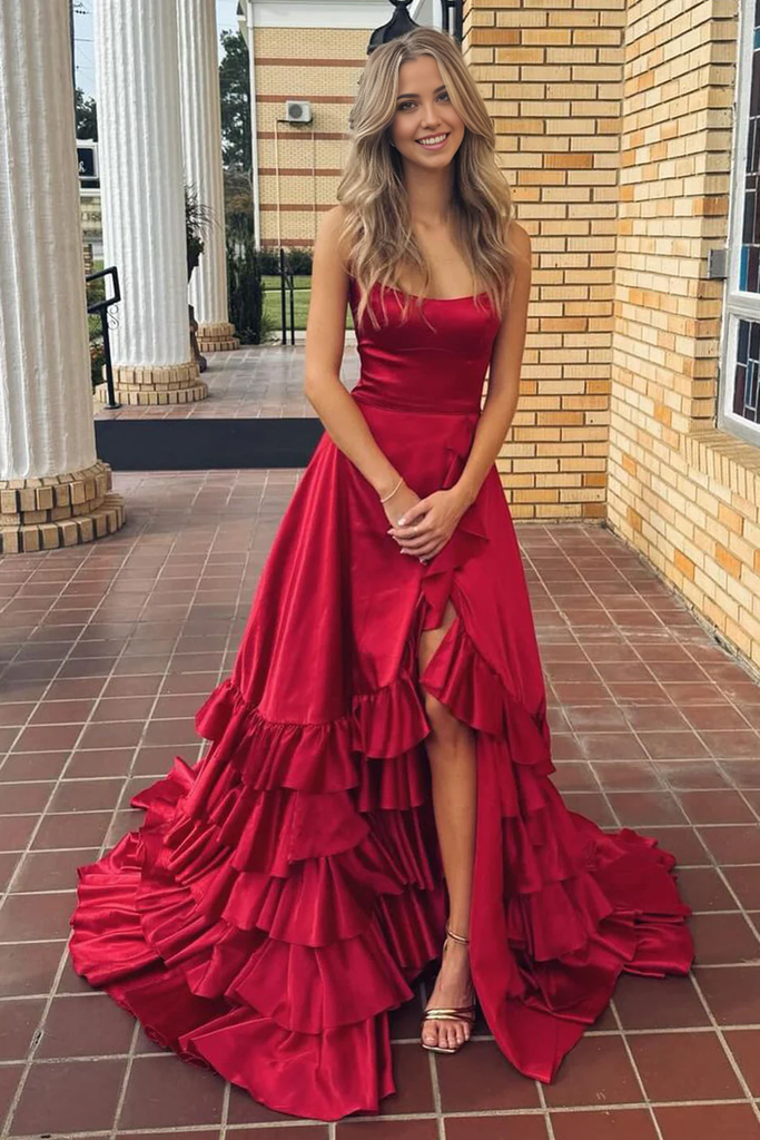 A Line Scoop Neck Red Satin formal dress Prom Dresses evening gown wit