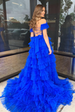 A-line Off the Shoulder Blue Ruffle Tulle evening gowns Long Prom Dress with Slit