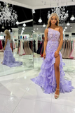 A Line Cute One Shoulder Lilac Ruffle Long Prom Dress with Appliques