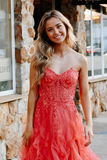 A-Line Cute Strapless Coral Ruffle Tulle Long evening gowns Prom Dress with Appliques