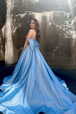 A Line Pretty Beaded Light Blue Satin evening gowns Prom Dress with Bow