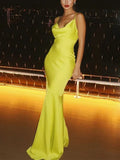 Simple Spaghetti Straps Long Satin Prom Dresses Sleeveless Formal Evening Dresses