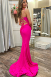 Mermaid Cute Scoop Neck Pink Elastic Satin Long Prom Dresses with Slit