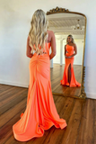 Mermaid One Shoulder Satin Orange Long evening gowns Prom Dress with Slit