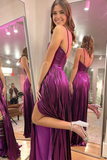 A Line Cute Straps Cutout Purple Sparkly Satin Prom Dress with Slit