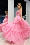 A Line Cute Sweetheart Tiered Tulle Pink Evening Dresses Prom Dress