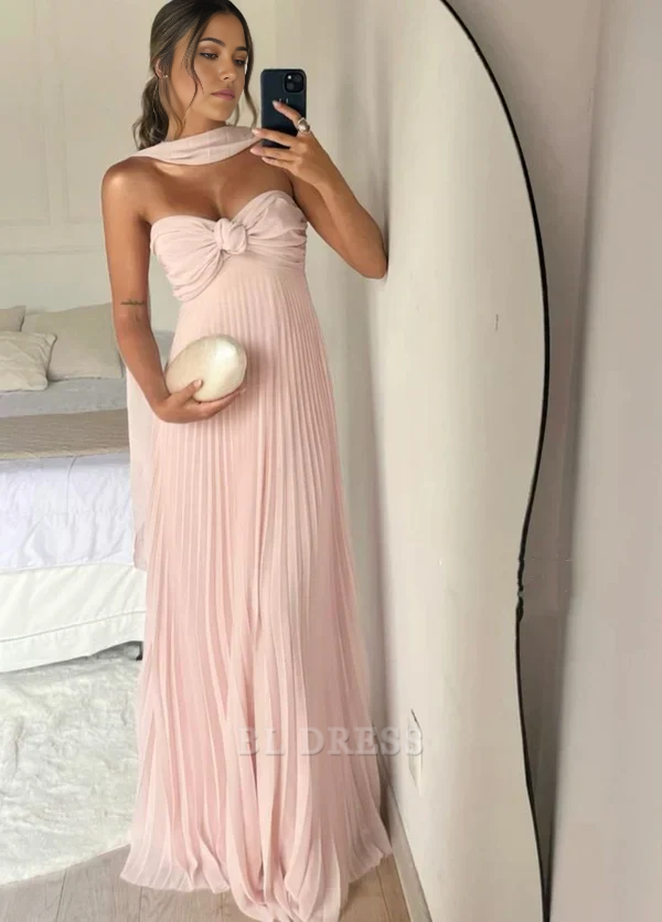 Beaded Pink Strapless Sleeveless A-Line Floor-Length Evening Dress