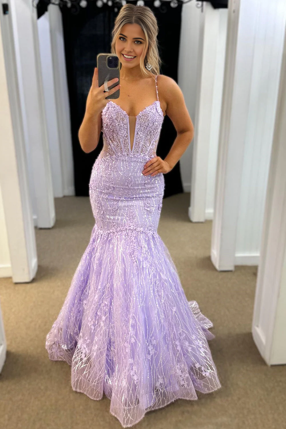 Unique Lilac Spaghetti Straps Layers Long Princess Prom Dress