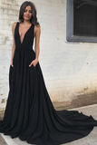 A line Deep V Neck Simple Black Chiffon Backless Long Prom Dress