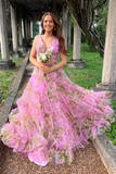 Two Piece V Neck Floral Printed Tulle evening gowns Long Prom Dress