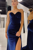 Mermaid Charming Sweetheart Navy Velvet Long Prom Dresses with Slit