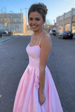 A Line Floor Length Satin Pink Prom Dress With Pockets