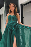 A Line Spaghetti Straps Green Tulle evening gowns Prom Dress with Appliques