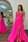 A Line Cute Sweetheart Hot Pink Tulle Long Prom Dress with Slit