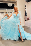 A Line Cute V Neck Tulle Blue Long Prom Dress with Slit