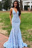 Mermaid Elegant V-neck Open Back Lace Prom Dresses