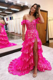 A-line Off the Shoulder Fuchsia Sequins Ruffle Tiered Long evening gowns Prom Dress with Slit