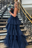 A Line V Neck Ruffle Tiered Tulle evening gowns Prom Dress with Slit