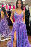 A Line Cute V Neck Purple Sequins Lace Tulle Prom Dress