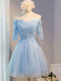 A Line Off Shoulder Length Short Prom Dresses Appliques Sleeves Tulle Homecoming Dresses