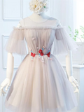 A Line 3D Flower Appliques Round Neck Half Sleeves Tulle Short Prom Dresses Formal Graduation Homecoming Dressses