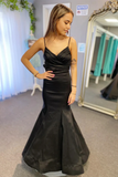 Mermaid Black Surplice Pleated Straps Long Prom Dress Evening Dress with Bow